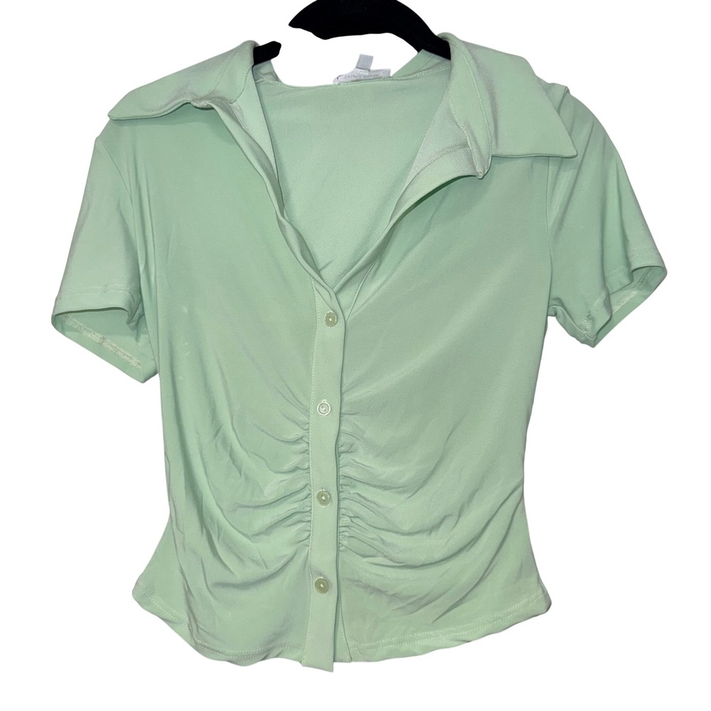 Y2k Triple Seven Mint Green Ruched Button Up Top‎ Womens Small T7-611S